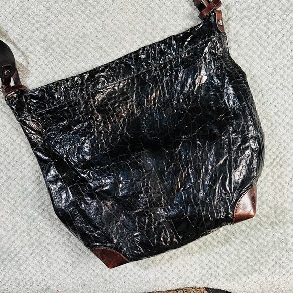 Marni Croc Embossed Black Leather Archival Bag Italy HOBO Brown Shoulder Tote - Picture 3 of 10